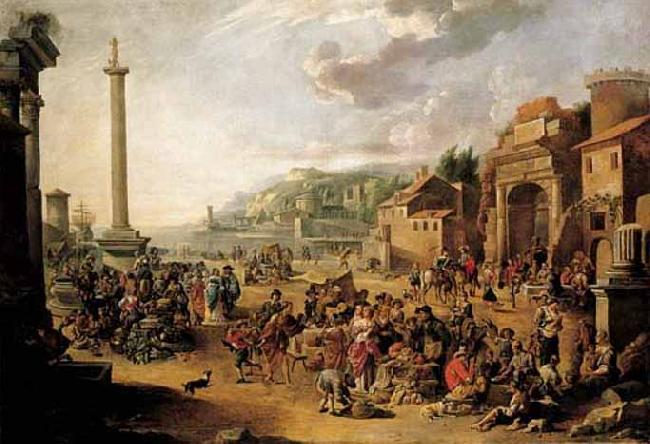 GRAFF, Anton A market in an Italianate harbour with Diogenes in search of an honest man oil painting image